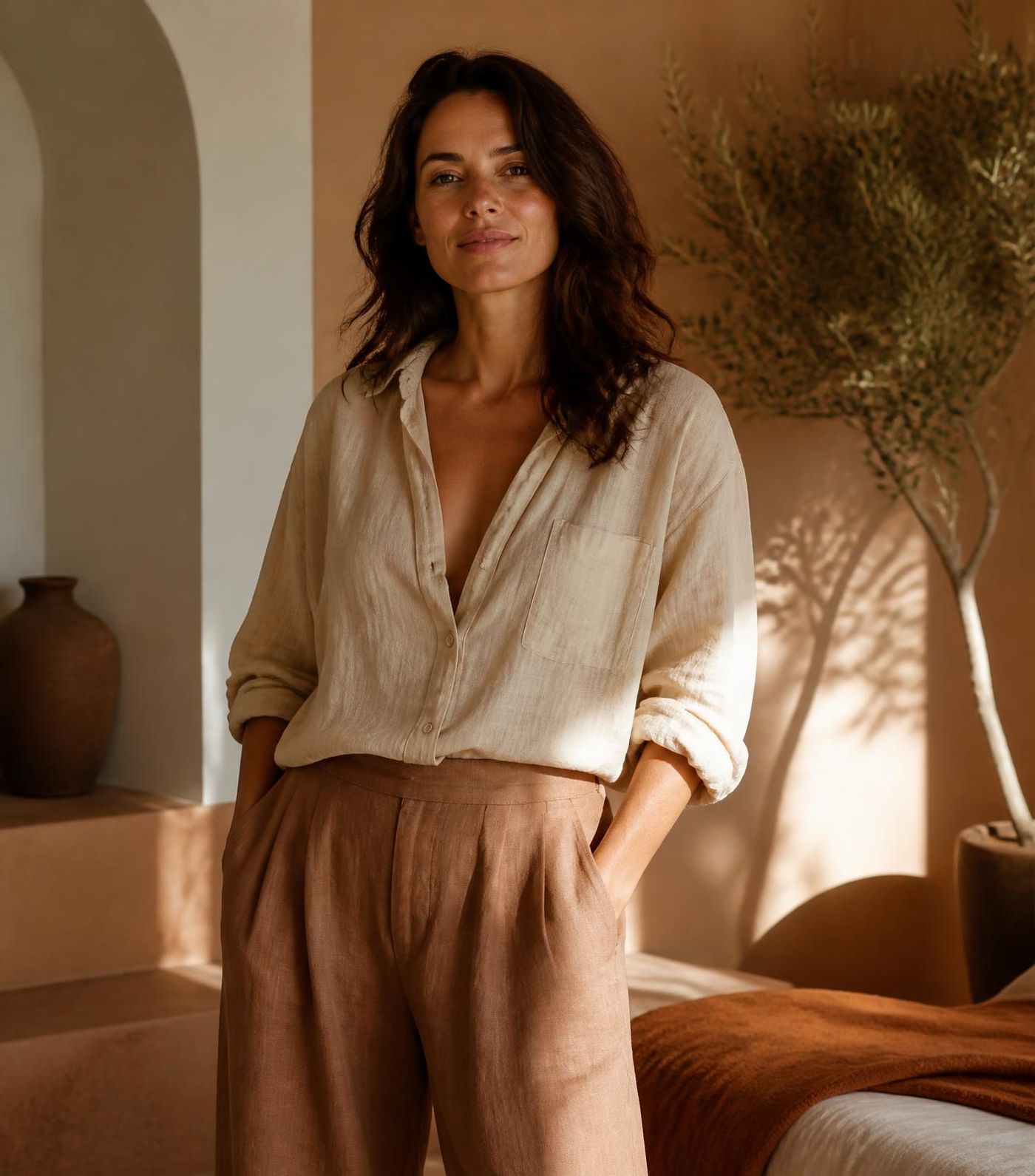 A woman standing in warm natural light in a sunlit room